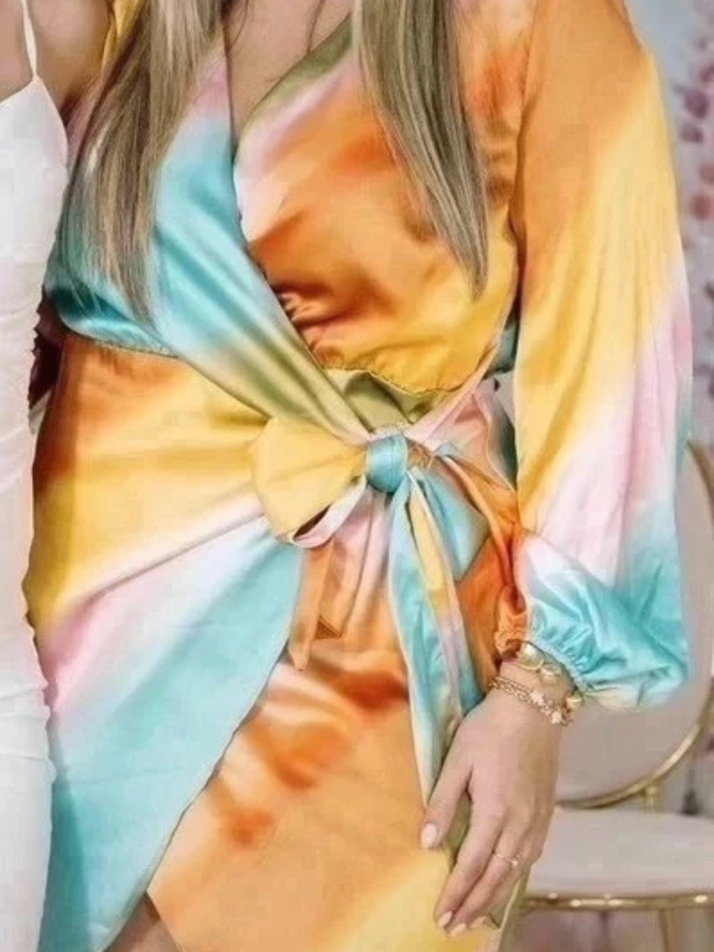 Never Fully Dressed Satin Wrap Dress in Aqua, Orange, Pink, Yellow